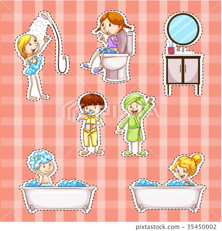 Sticker design with kids doing things in bathroom Sticker design with kids doing things in bathroom 35450002