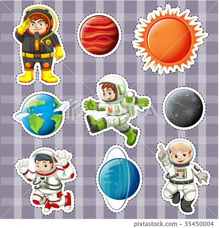 Sticker design with astronaunts and planets. Sticker design with astronaunts and planets. 35450004