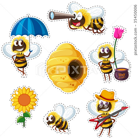 Sticker design with many bees flying Sticker design with many bees flying 35450006