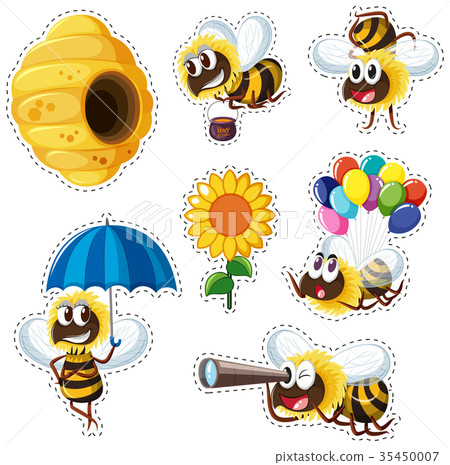 Sticker design with beehive and many bees Sticker design with beehive and many bees 35450007