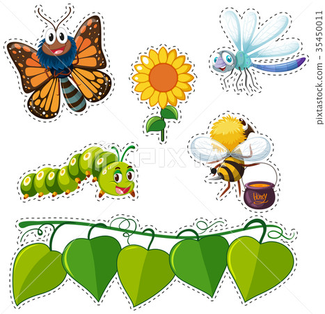 Sticker design with leaves and insects Sticker design with leaves and insects 35450011