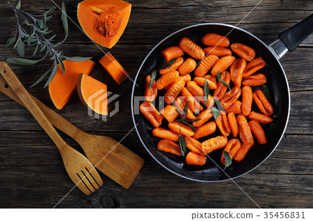 homemade pumpkin gnocchi fried in butter homemade pumpkin gnocchi fried in butter 35456831