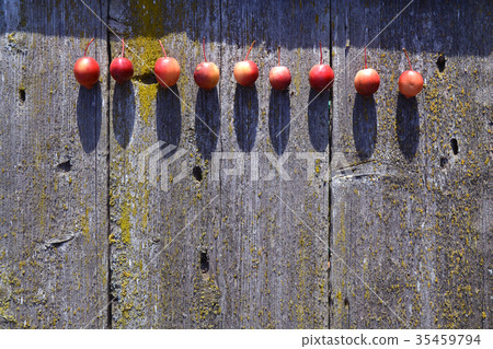 small crab apples on old wooden used background 35459794