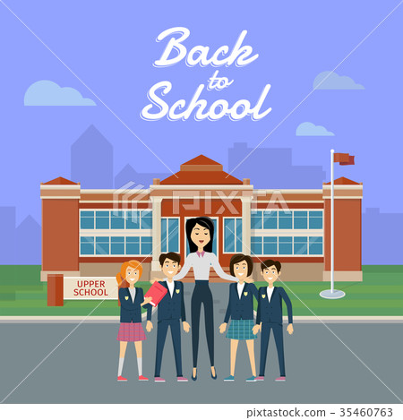 Back to School. Teacher with Pupils on School Yard 35460763
