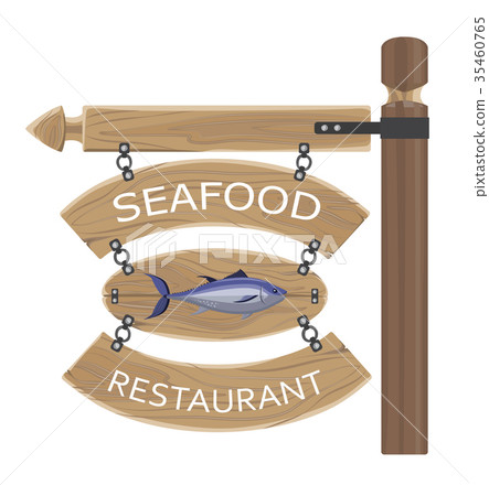 Restaurant Seafood Advertisement on Wooden Boards Restaurant Seafood Advertisement on Wooden Boards 35460765