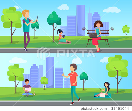 People Spend Time in City Park with Computer People Spend Time in City Park with Computer 35461044
