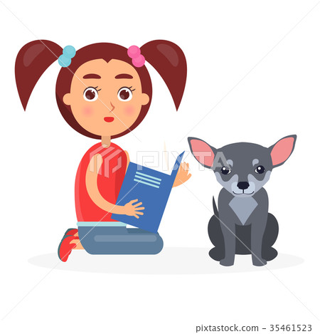 Small Girl Reads Blue Book to Little Chihuahua Small Girl Reads Blue Book to Little Chihuahua 35461523