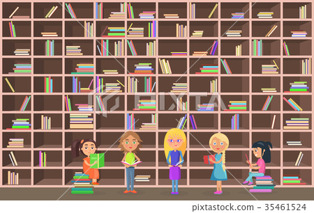Children in Library Read Books Beside Bookcase Children in Library Read Books Beside Bookcase 35461524