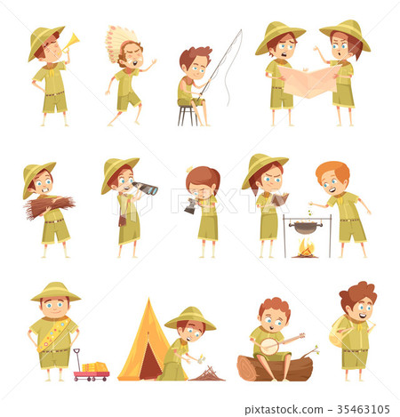 Boy Scout Retro Cartoon Icons Set 35463105