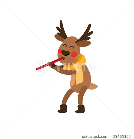 Funny Christmas reindeer character playing flute 35465363