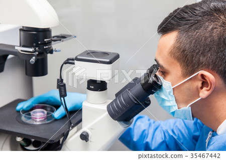 Male scientist looking at the microscope Male scientist looking at the microscope 35467442
