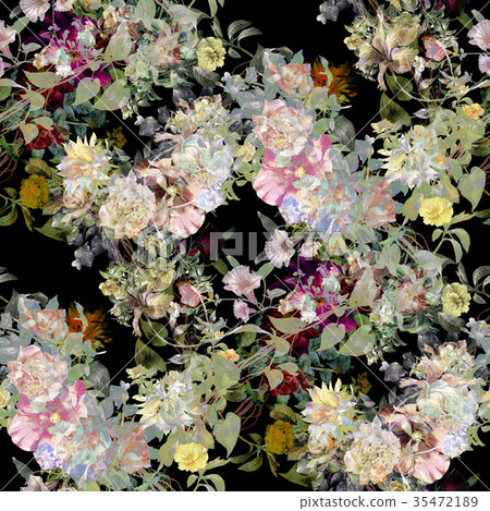 Watercolor painting of leaf and flowers pattern 35472189