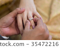 Bride hand and groom hand are wearing a ring. 35472216