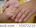 Bride hand and groom hand are wearing a ring. 35472219