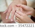 Bride hand and groom hand are wearing a ring. 35472221