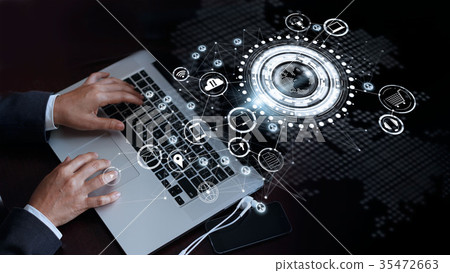 Hand touch laptop on global network , Omni Channel 35472663