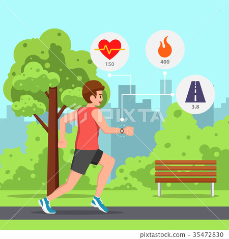 Man running the park with heart rate monitor watch 35472830