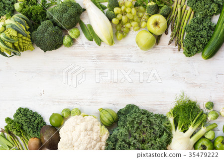Top view of green vegetables and fruits Top view of green vegetables and fruits 35479222