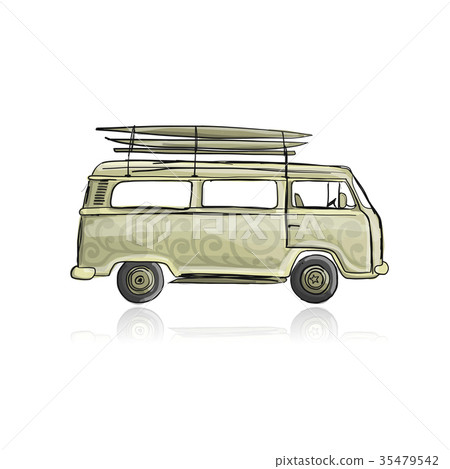 Retro bus with surfboards, sketch for your design 35479542