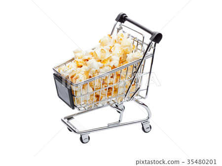 Popcorn salty sweet snack in shopping cart Popcorn salty sweet snack in shopping cart 35480201