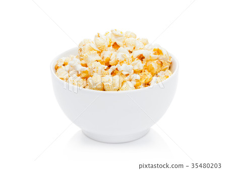Popcorn salty sweet snack in white bowl 35480203
