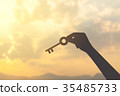 silhouette hand with key and sunrise background 35485733
