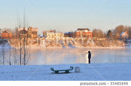 View of Neva River at winter sunset. 35485849