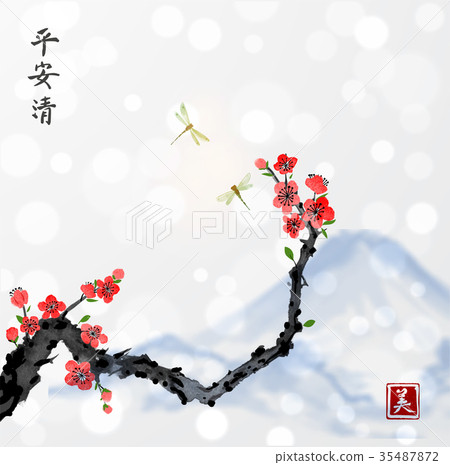 Cherry sakura tree branch in blossom, mountains Cherry sakura tree branch in blossom, mountains 35487872