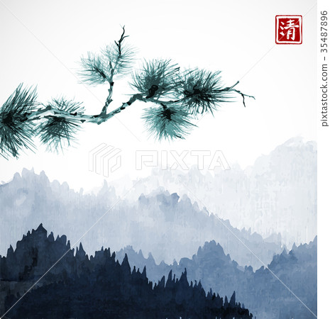 Green pine tree branch and blue mountains with Green pine tree branch and blue mountains with 35487896