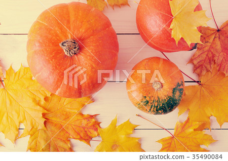 autumn still life, maple leaves orange pumpkins 35490084
