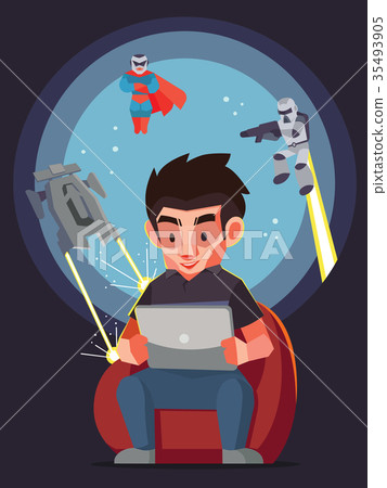 Man play the game with tablet and his imagine. 35493905
