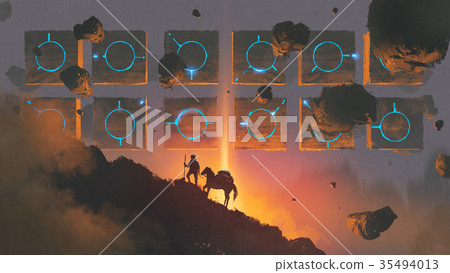 man and horse walking up a mysterious mountain 35494013