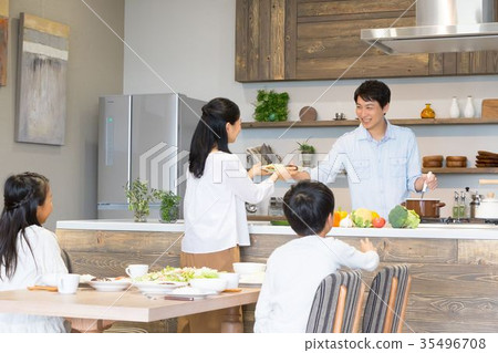 Family of 4 having a meal Father Father Mother Mother Sister Sister brother 35496708