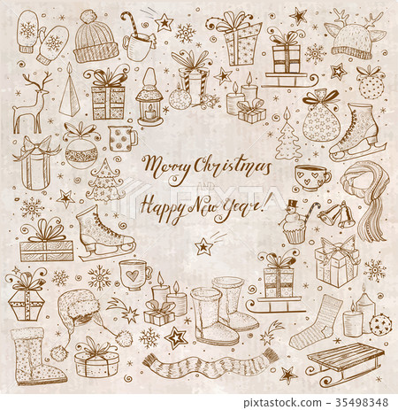 Christmas card with hand-drawn snowflakes, snowman Christmas card with hand-drawn snowflakes, snowman 35498348