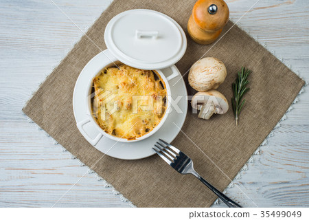 three bowls with chicken and mushrooms julienne on three bowls with chicken and mushrooms julienne on 35499049