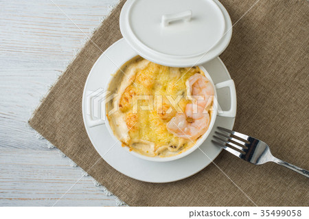 Julienne of seafood, white background, menu Julienne of seafood, white background, menu 35499058