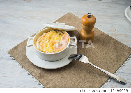 Julienne of seafood, white background, menu Julienne of seafood, white background, menu 35499059