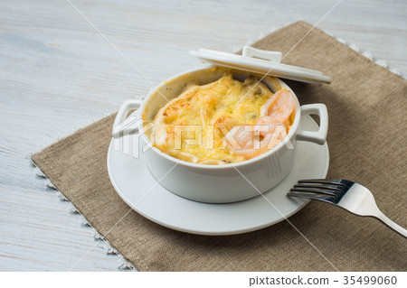 Julienne of seafood, white background, menu Julienne of seafood, white background, menu 35499060