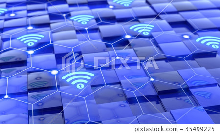 Grid with wifi network floating above blue cubes 35499225