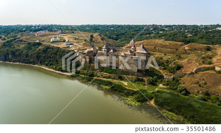 Aerial view of Khotyn medieval castle on the green 35501486