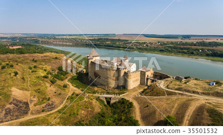 Aerial view of Khotyn medieval castle on the green 35501532
