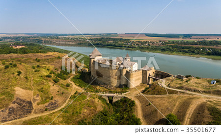 Aerial view of Khotyn medieval castle on the green Aerial view of Khotyn medieval castle on the green 35501677