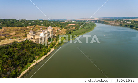 Aerial view of Khotyn medieval castle on the green 35501685