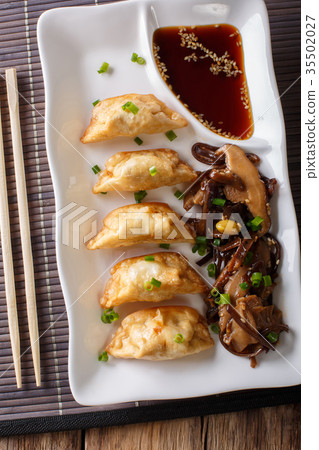 Japanese Gyoza dumplings and seaweed salad 35502027