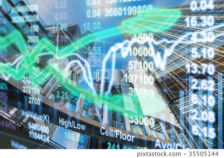 Stock market chart with information over the Modern business building glass of skyscrapers, business economy trading and finance concept 35505144