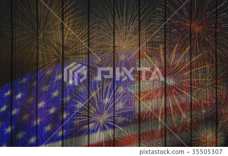 Multicolor Fireworks Celebrate over the United state of America USA flag on the wooden background, Independence day concept Multicolor Fireworks Celebrate over the United state of America USA flag on the wooden background, Independence day concept 35505307