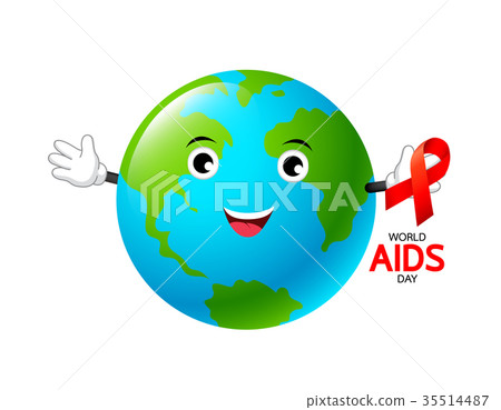 Globe character holding red ribbon.  35514487