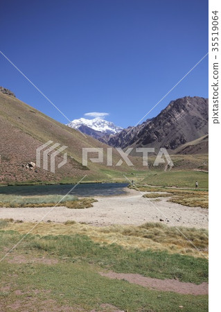 從安第斯山脈山谷觀看南美最高峰阿空加瓜，南美智利 - 阿根廷邊界和高山植物草甸傳播 35519064