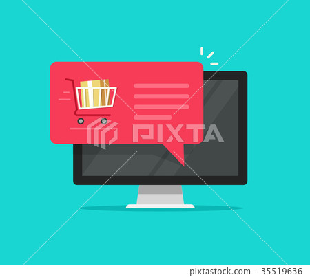 Desktop computer with shopping cart full, flat Desktop computer with shopping cart full, flat 35519636