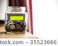 Thai coins in jar and green label ,blur background 35523666